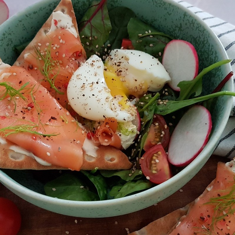 Brunch d&rsquo;été : saumon fumé, jeunes pousses d&rsquo;épinards, tomates cerises et œuf&nbsp;mollet